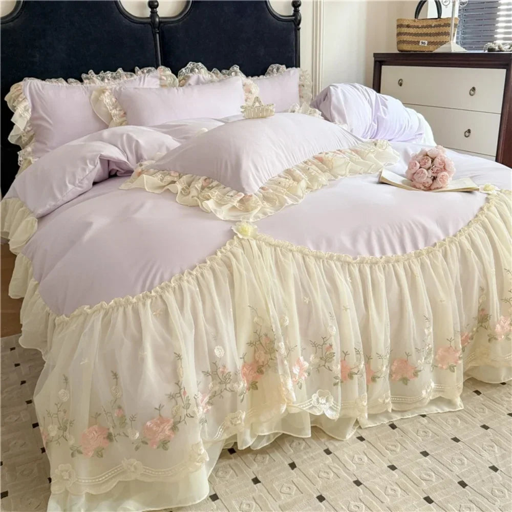 Princess Wedding Bedding Set Korean Style Lace Flowers Embroidery Duvet Cover Bed Sheet/Fitted Sheet/Bed Skirt Pillowcases 4Pcs