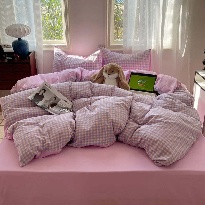 Striped Bedding Set INS Nordic Girls Soft 100% Cotton Bed Sheet Queen King Size Duvet Set Comforter Set Pillowcase Bed Linens
