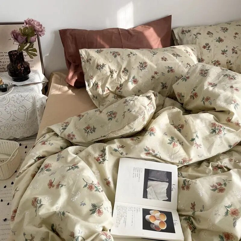 Romantic Bedding Set Floral Ins Style Duvet Cover Flat Sheet with Pillowcases Single Queen Full Size Boys Girls Korean Bed Linen