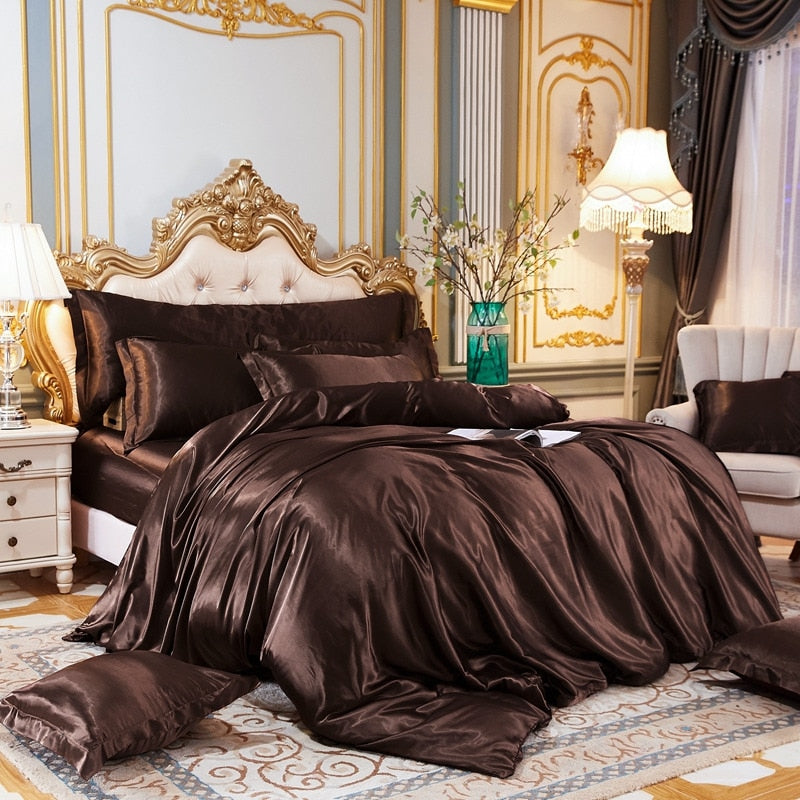 Solid Color Bedding Set with Mulberry Silk Duvet Cover Bed Sheet Pillowcase Luxury Satin Bedsheet King Queen Double Twin Size