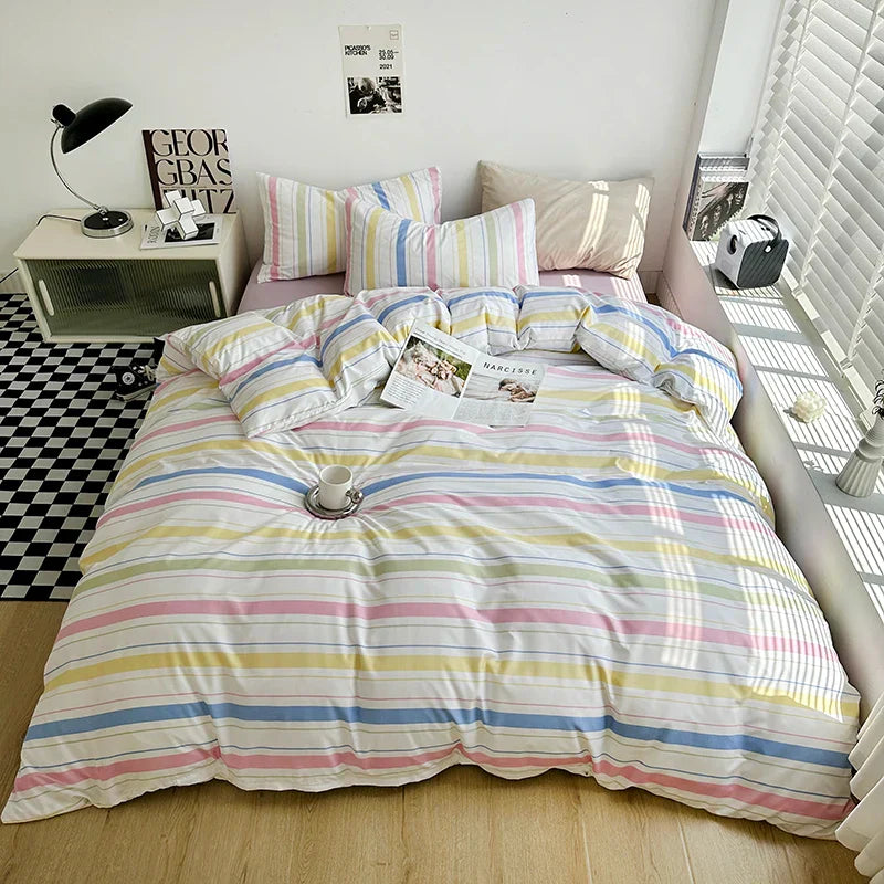 Japanese Simple Plaid Duvet Cover Set Retro Stripe Bedding 3PCS Soft Breathable Lightweight Quilt Covers Set with Zipper Closure