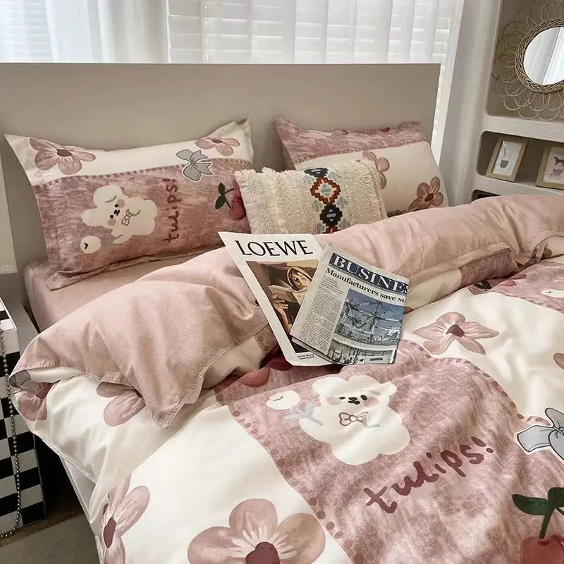 Ins Retro Flower Bedding Set Flat Bed Sheet Pillowcase Twin Full Queen Size Bed Linen Women Girls Caramel Floral Duvet Cover Set
