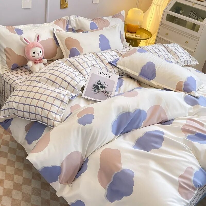 Kawaii Cherry Duvet Cover Set Pillowcase Flat Sheet Floral Boys Girls Twin Full Size Soft Bedding Kit Korean Ins Style Home Use