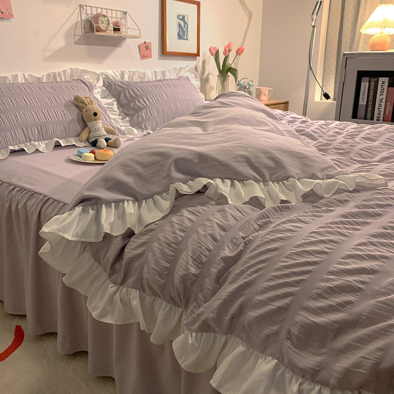 Ruffled Seersucker Duvet Cover Set 3/4pcs Soft Lightweight Down Alternative Grey Bedding Set with Bed Skirt and Pillowcases