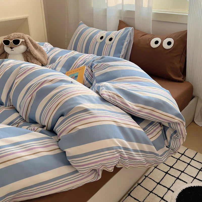 Korean Bed Linen Bedding Sets Stripes Duvet Cover Set Quilt Cover Bed Sheet Quilt Sets Queen Size INS Blogger Comforter Sets