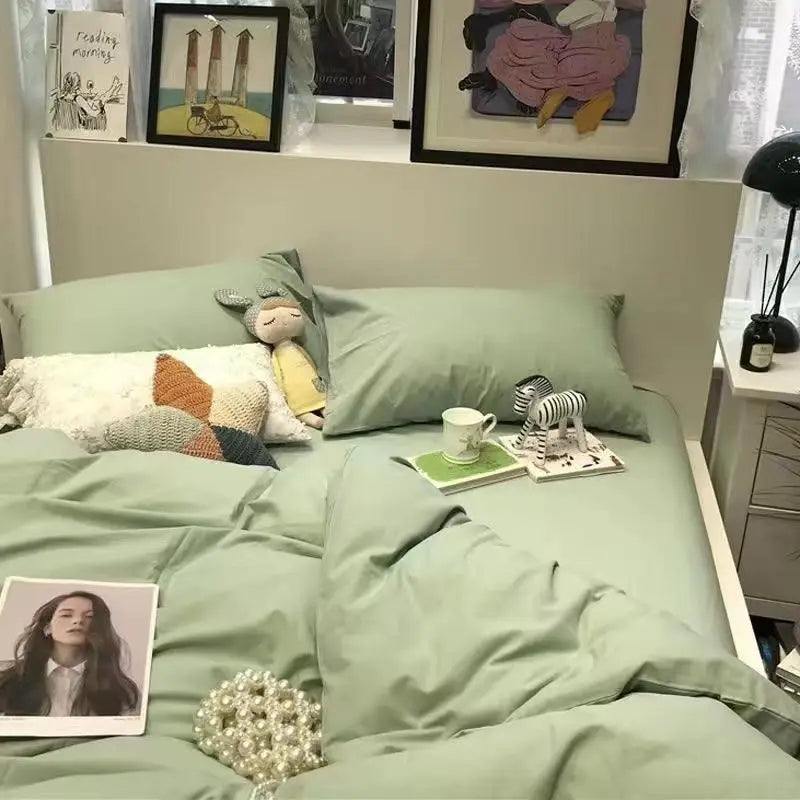 Solid Grey Matcha Color Bedding Set Adults Kids Twin Full Queen Size Bed Flat Sheet Duvet Cover Set Pillowcases Simple Bed Linen