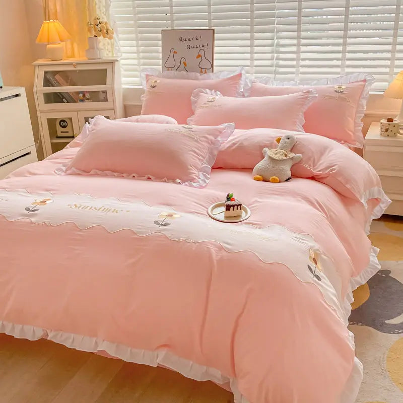 Kawaii Princess Bedding Set with White Ruffles Korean Style Girls Single Full Duvet Cover No Filling Flat Sheet Pillowcases Kit