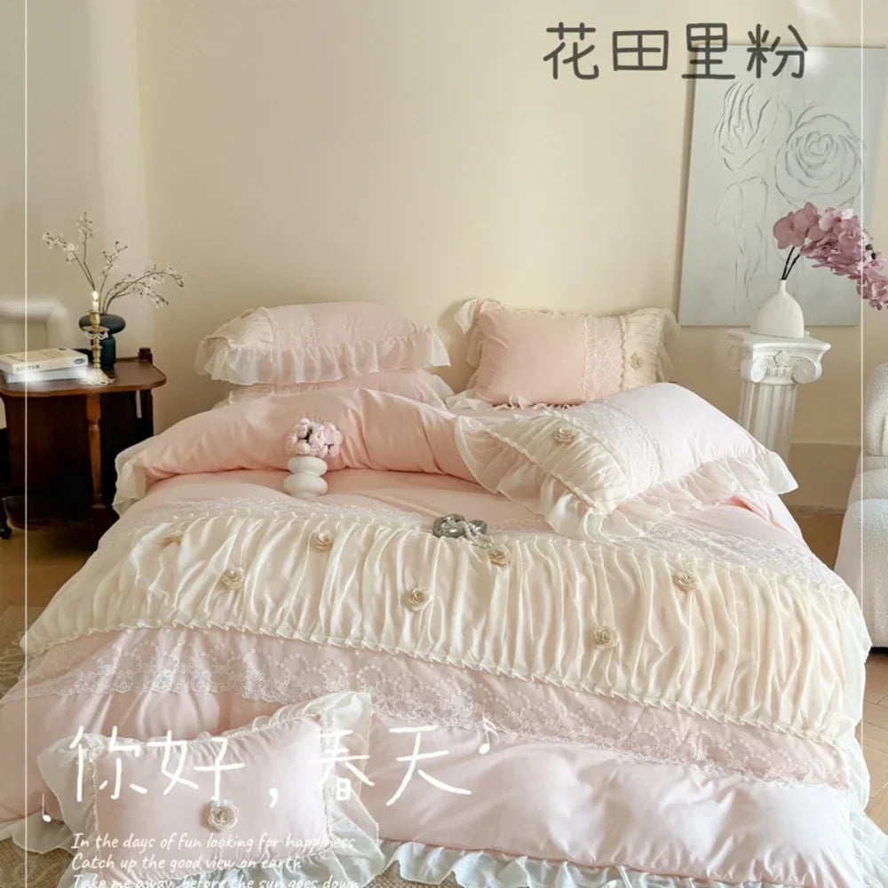 Princess Style Lace Ruffles Wedding Bedding Set Korean Soft Rose Flowers Four-Piece Set Duvet Cover Bed Sheet Pillowcase 4Pcs