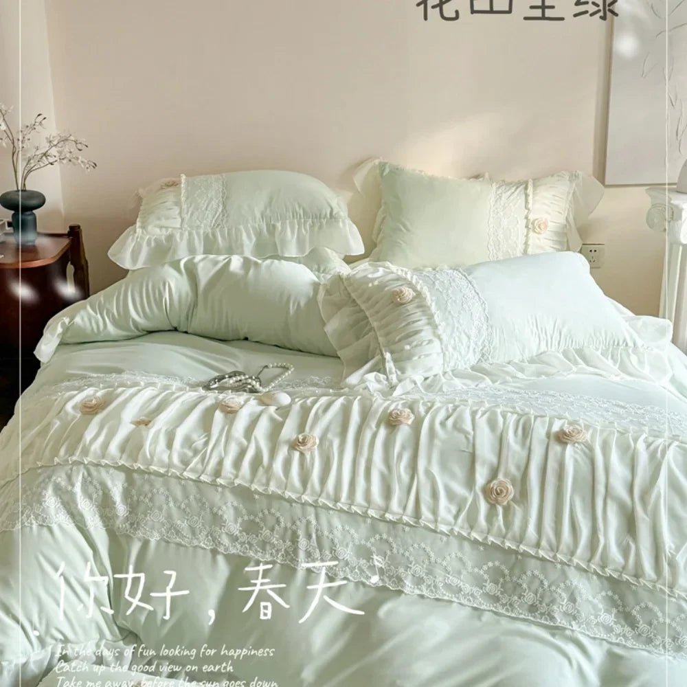 Princess Style Lace Ruffles Wedding Bedding Set Korean Soft Rose Flowers Four-Piece Set Duvet Cover Bed Sheet Pillowcase 4Pcs