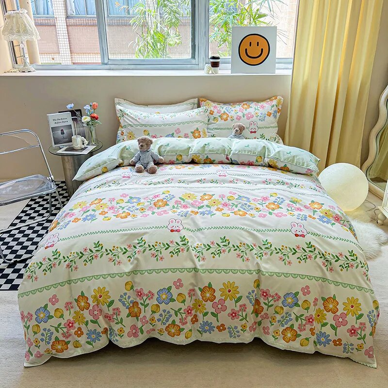 Floral Printed Duvet Cover Set with Sheet Pillowcases Warm Cute Cartoon Bed Linen Full Queen Size Home Gift Bedding Set