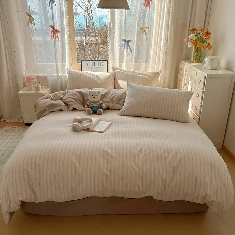 Striped Bedding Set INS Nordic Girls Soft 100% Cotton Bed Sheet Queen King Size Duvet Set Comforter Set Pillowcase Bed Linens