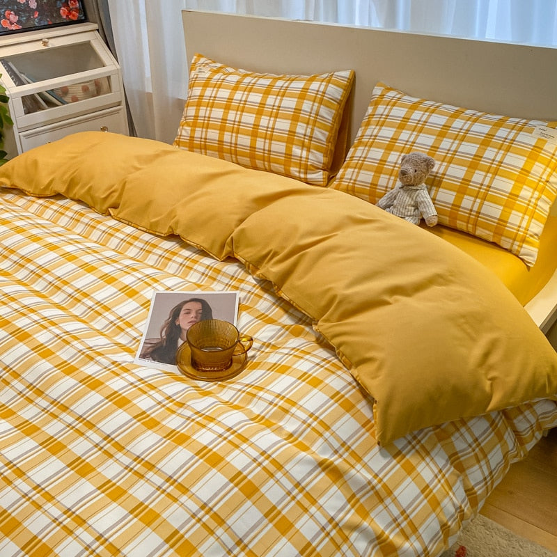 100% Cotton Plaid Geometric Bedding Set  Bed Sheet Pillowcase Fashion Jersey Knit Bed Linens