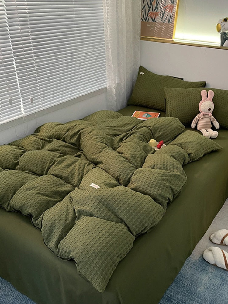 Korean Fashion Checker Four Piece Set Queen Bedding Set, Microfiber Quilt Cover Bed Sheet Set - No Comforter
