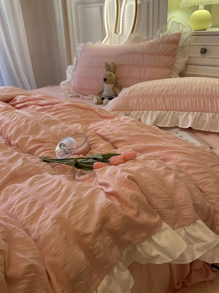 Pink Ruffled Seersucker Duvet Cover Set 3/4pcs Soft Lightweight Down Alternative Grey Bedding  with Bed Skirt and Pillowcases