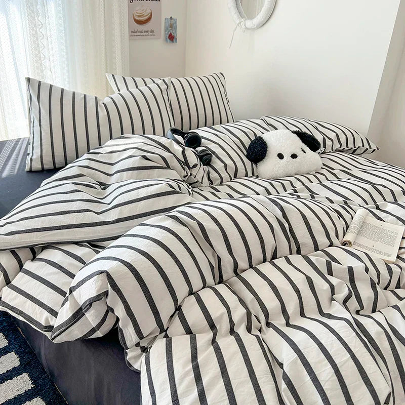 New Stripe Double-Layer Yarn Quilt Cover Bed Flat sheet Pillowcase Full Queen Bed Linen Adult Kids Duvet Covers No Filling