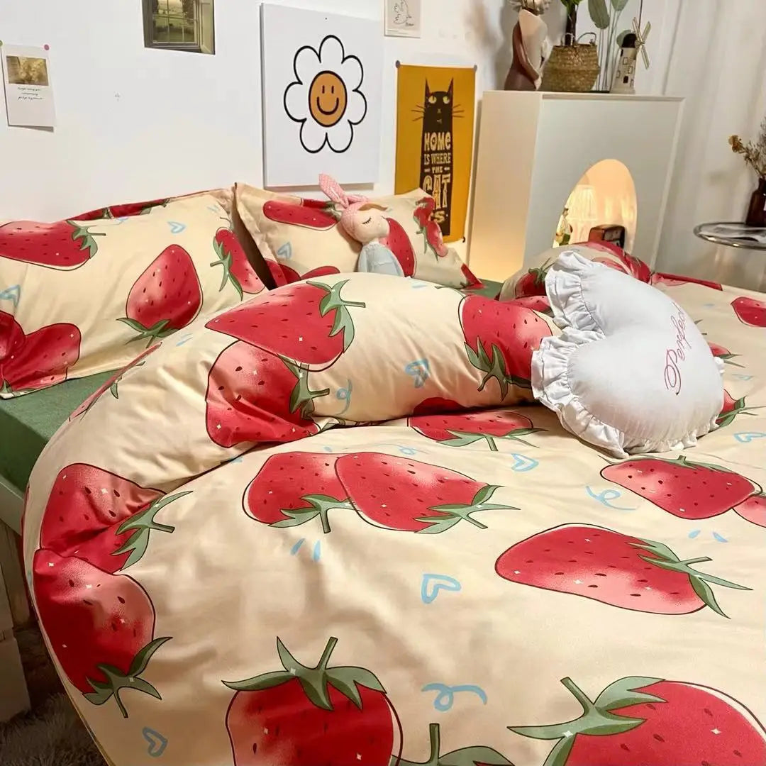 Ins Retro Flower Bedding Set Flat Bed Sheet Pillowcase Twin Full Queen Size Bed Linen Women Girls Caramel Floral Duvet Cover Set