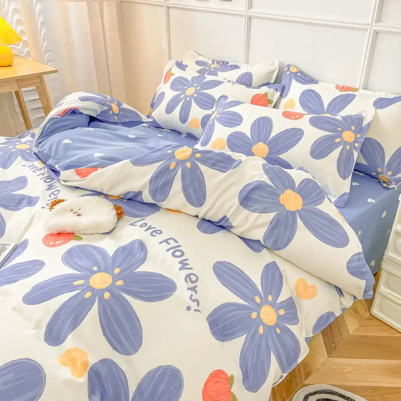 Kawaii Bedding Set Kids Adult Flat Sheet Duvet Cover Pillowcase Single Double Full Size Bed Linen Floral Cherry Home Textile