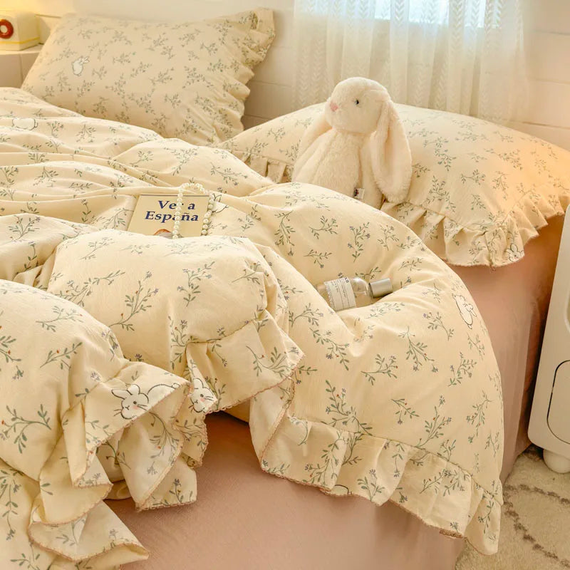 INS Princess Style Bedding Sets Ruffle Lace Bow Quilt Cover Romantic Bedclothes Decor Woman Girls Bedroom Duvet Cover 4pcs