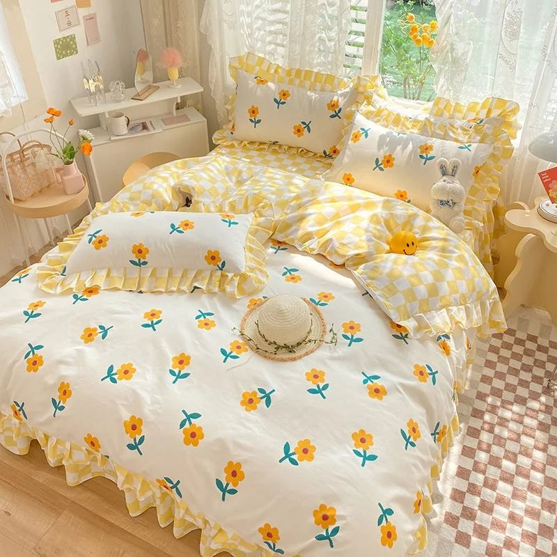 Pink Korean Princess Bedding Set No Filling Cute Strawberry Duvet Cover Checkerboard Single Queen Size Bed Linen Pillowcases
