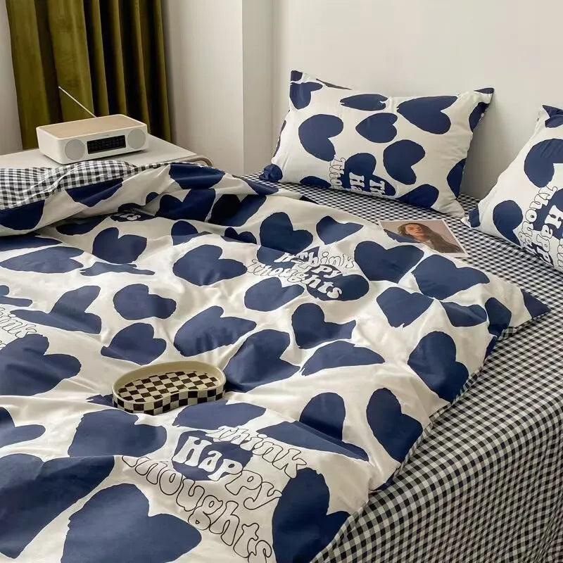Korean Style Fashion Bedding Set Kids Adults Twin Full Queen Size Blue Bed Flat Sheet Duvet Cover Pillowcases Floral Bed Linen