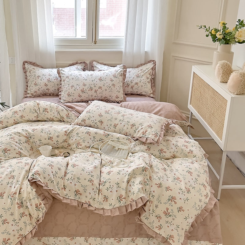 Korean Princess Style Ruffles Bedding Set Duvet Cover Set Flower Printing Quilt Cover Bed Sheet Or Fitted Sheet With Pillowcases