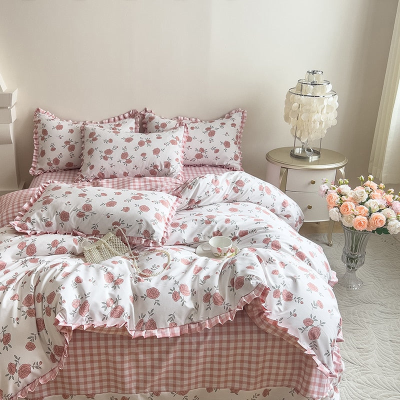 Korean Princess Style Ruffles Bedding Set Duvet Cover Set Flower Printing Quilt Cover Bed Sheet Or Fitted Sheet With Pillowcases