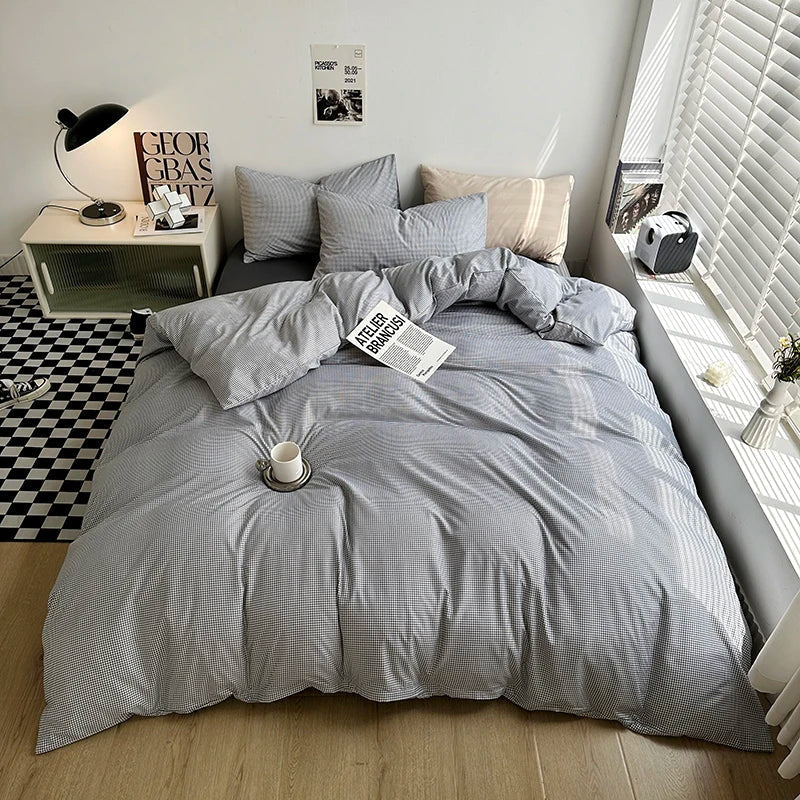 Japanese Simple Plaid Duvet Cover Set Retro Stripe Bedding 3PCS Soft Breathable Lightweight Quilt Covers Set with Zipper Closure