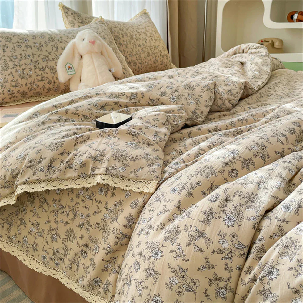 INS Girls Cherry Soft Bedding Set Washed Cotton Bed Sheet Queen King Size Duvet Set Flower Comforter Set Pillowcase Bed Linens