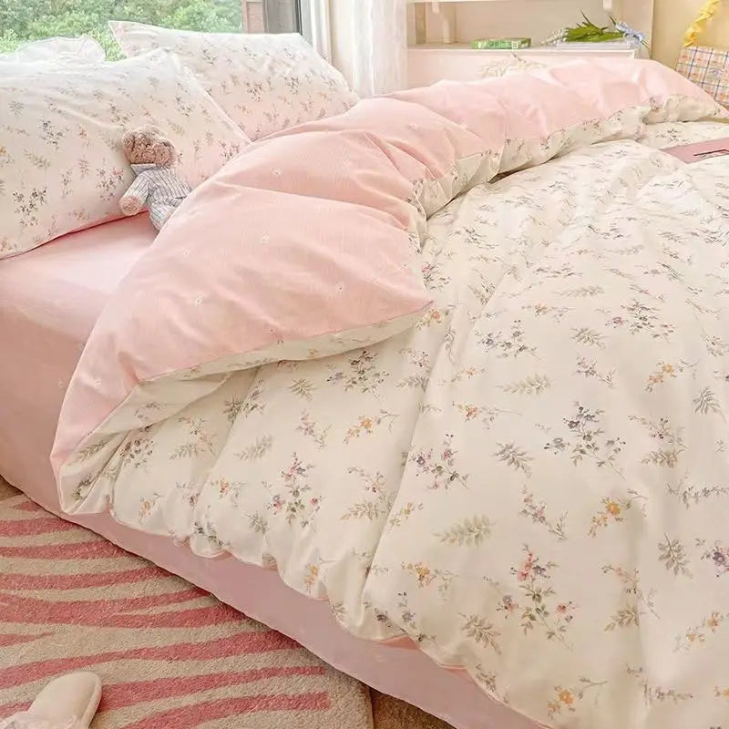 Ins Retro Flower Bedding Set Flat Bed Sheet Pillowcase Twin Full Queen Size Bed Linen Women Girls Caramel Floral Duvet Cover Set