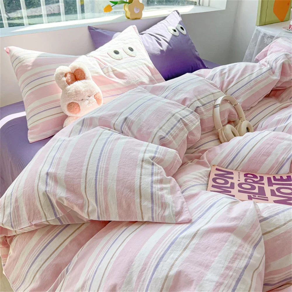 Cute Big Eyed Four Piece Set Plaid Duvet Cover Set With Sheet Bedroom Decor Skin Friendly Single Double Bedding Set Home Textile