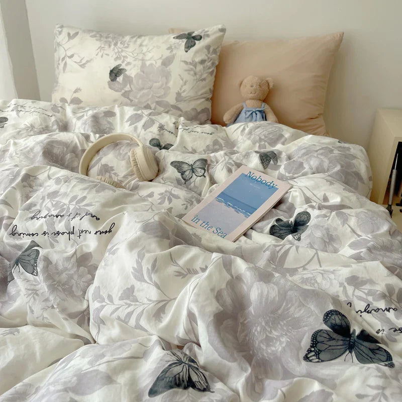 Korean Style Cute Bedding Set For Girls Bed Linen New Skin Friendly Fresh Flora Printed Washed Cotton Duvet Cover Set