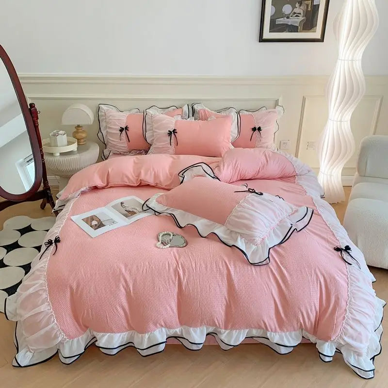 Korean Princess White Bedding Set For Women Double Ruffle Lace Duvet Cover Full Queen Solid Color Comfortable Falt Bed Sheet Set