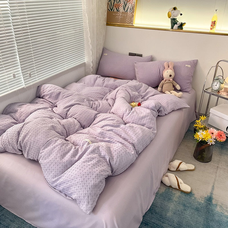 Korean Fashion Checker Four Piece Set Queen Bedding Set, Microfiber Quilt Cover Bed Sheet Set - No Comforter