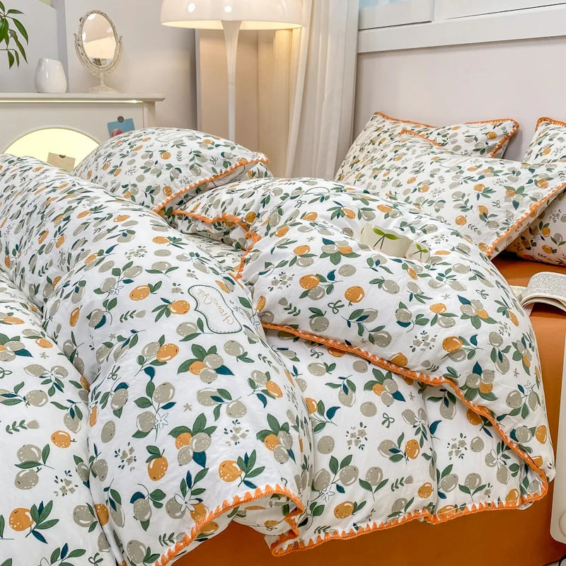 INS Girls Cherry Bedding Set Soft Washed Cotton Bed Sheet Queen King Size Simple Quilt Cover Pillowcase Bed Linens