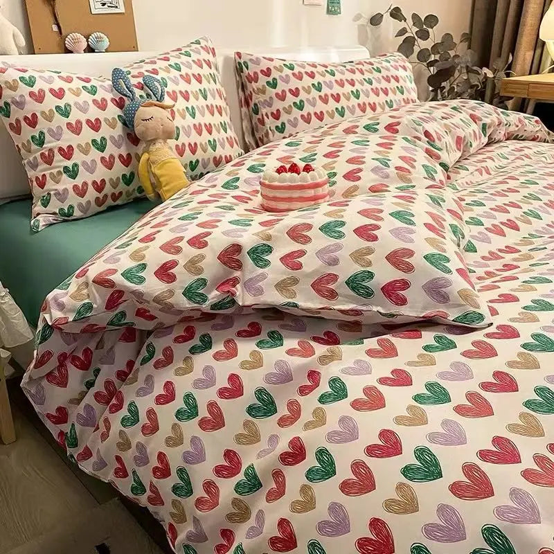 Kawaii Bedding Set Kids Adult Flat Sheet Duvet Cover Pillowcase Single Double Full Size Bed Linen Floral Cherry Home Textile