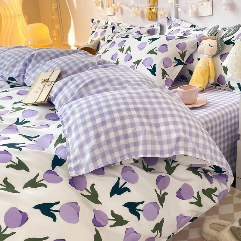 Fashion Duvet Cover Set Korean Ins Style New Flat Sheet Pillowcase No Filler Kids Adult Bedding Kit Twin Queen Bed Linen