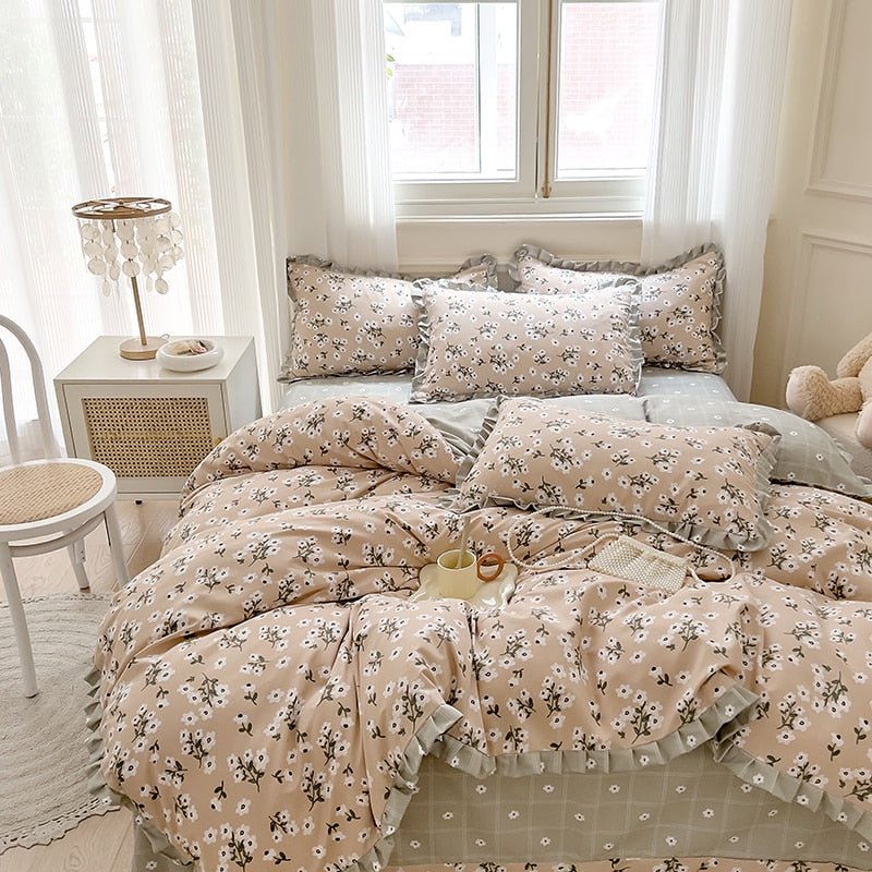 Korean Princess Style Ruffles Bedding Set Duvet Cover Set Flower Printing Quilt Cover Bed Sheet Or Fitted Sheet With Pillowcases