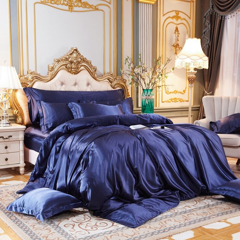 Solid Color Bedding Set with Mulberry Silk Duvet Cover Bed Sheet Pillowcase Luxury Satin Bedsheet King Queen Double Twin Size