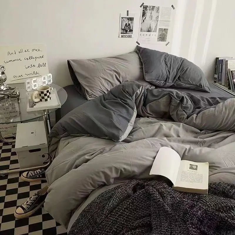 Solid Grey Matcha Color Bedding Set Adults Kids Twin Full Queen Size Bed Flat Sheet Duvet Cover Set Pillowcases Simple Bed Linen