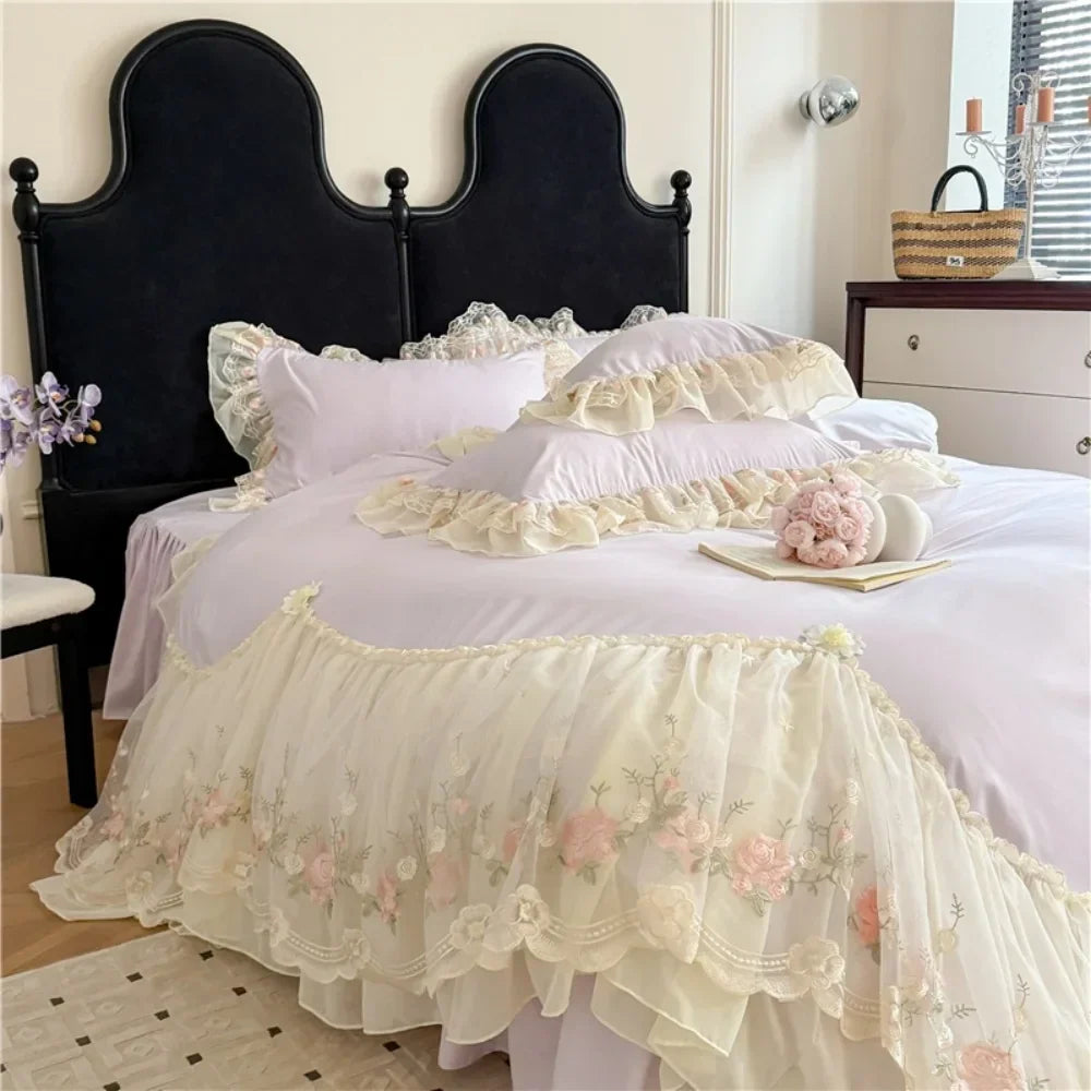 Princess Wedding Bedding Set Korean Style Lace Flowers Embroidery Duvet Cover Bed Sheet/Fitted Sheet/Bed Skirt Pillowcases 4Pcs