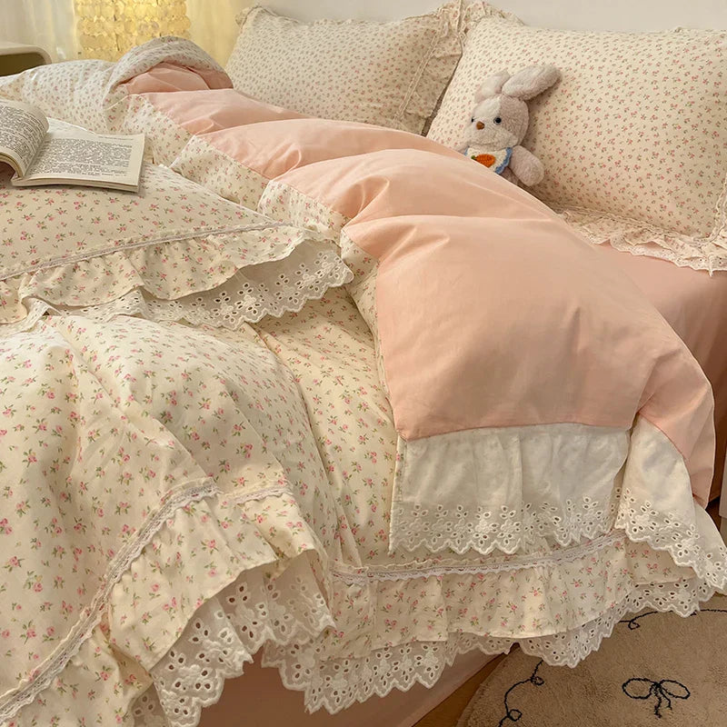 Korean Princess Style Flowers Lace Ruffles 100% Cotton Bedding Set Duvet Cover Bed Sheet/Fitted Sheet/Bed Skirt Pillowcases 4Pcs