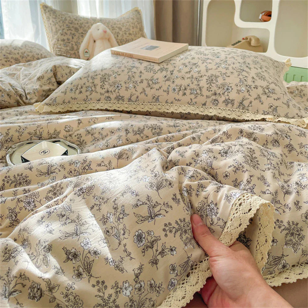 INS Girls Cherry Soft Bedding Set Washed Cotton Bed Sheet Queen King Size Duvet Set Flower Comforter Set Pillowcase Bed Linens