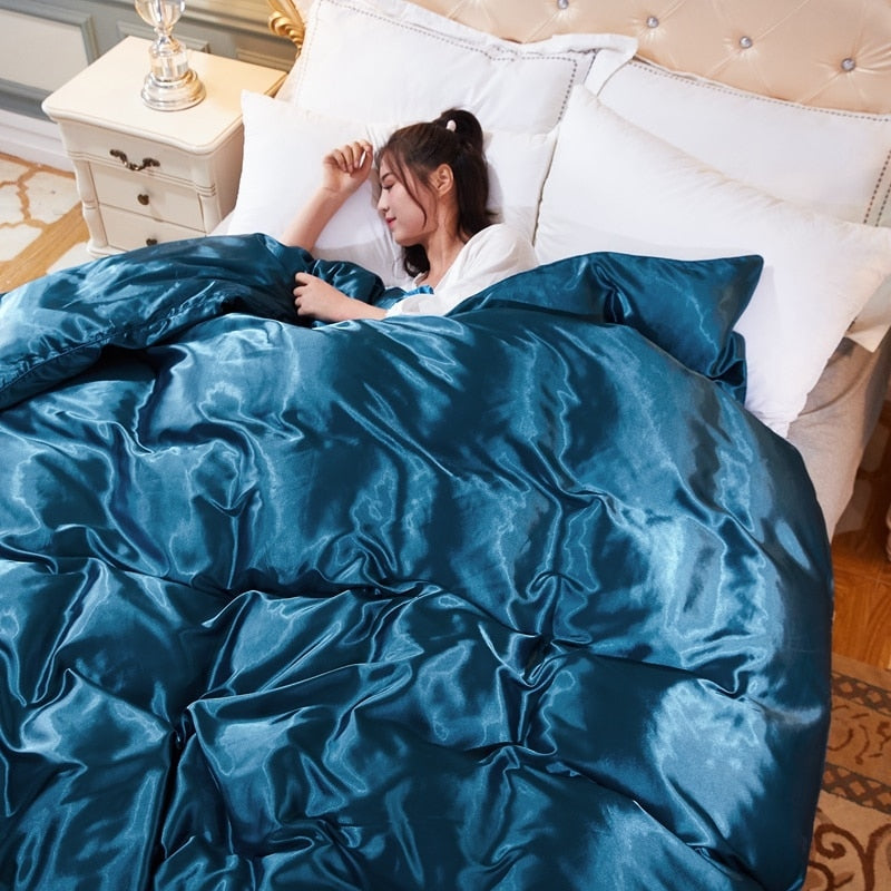 Solid Color Bedding Set with Mulberry Silk Duvet Cover Bed Sheet Pillowcase Luxury Satin Bedsheet King Queen Double Twin Size