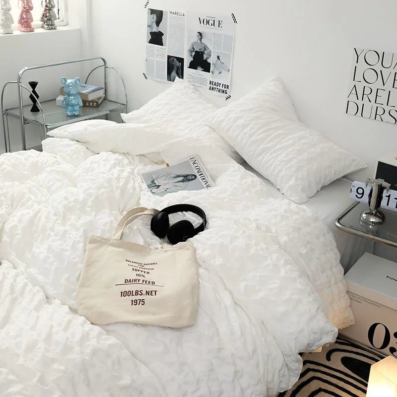 INS Girl Blue Bedding Sets Solid Color Seersucker Ruffles Lace  Kawaii Soft Sheet Woman Duvet Cover Pillow Covers Quilt Cover