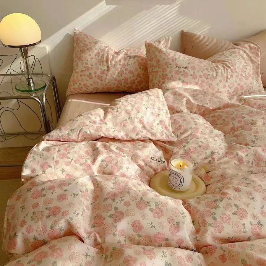 Floral Korean Style Duvet Cover Set No Filler Pillowcase Flat Sheet Twin Queen Size Boys Grils Romantic Bedding Kit