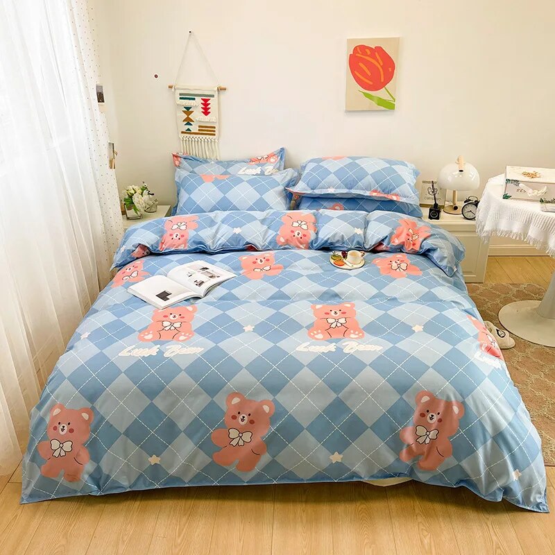 Floral Printed Duvet Cover Set with Sheet Pillowcases Warm Cute Cartoon Bed Linen Full Queen Size Home Gift Bedding Set