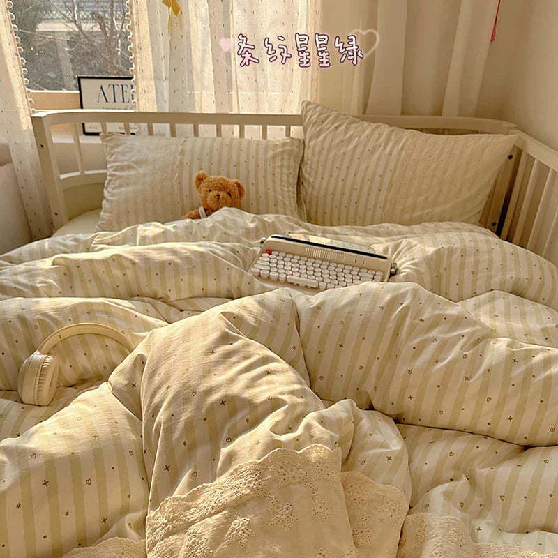 Striped Princess Bedding Set INS Nordic Girls Soft Washed Cotton Bed Flat Sheet Twin Queen Size Duvet Set Pillowcase Bed Linens