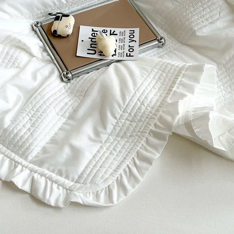 INS Style White Pink Quilted Ruffles Quilt Blanket Bedspread Washed Solid Color Korean Princess Style Summer Thin Quilt 1/3Pc