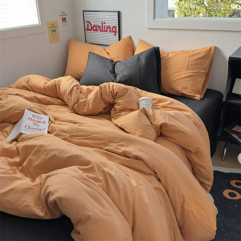 INS Hot Coffee Bedding Set For Girls Soft Washed Cotton Bed Sheet Queen King Size Duvet Set Comforter Set Pillowcase Bed Linens