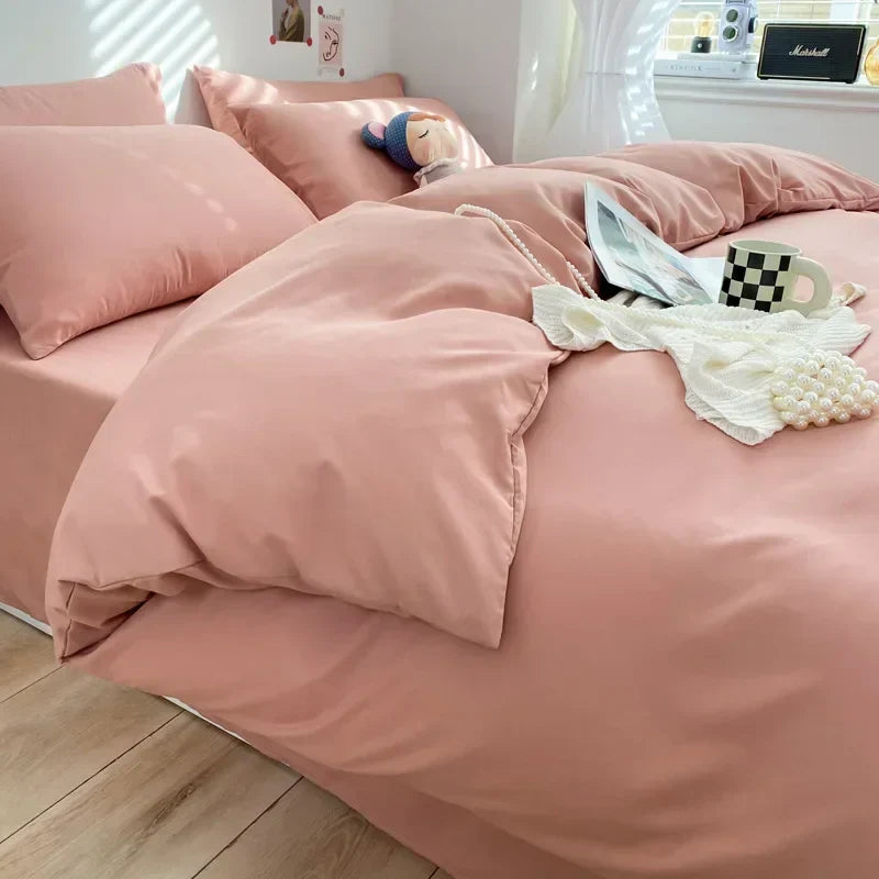 Solid Color Brushed Fabric Bed Set Duvet Cover Pillowcase Bedding Set Bed Sheet Quilt Cover Single Queen King Size 4 Pieces Sets